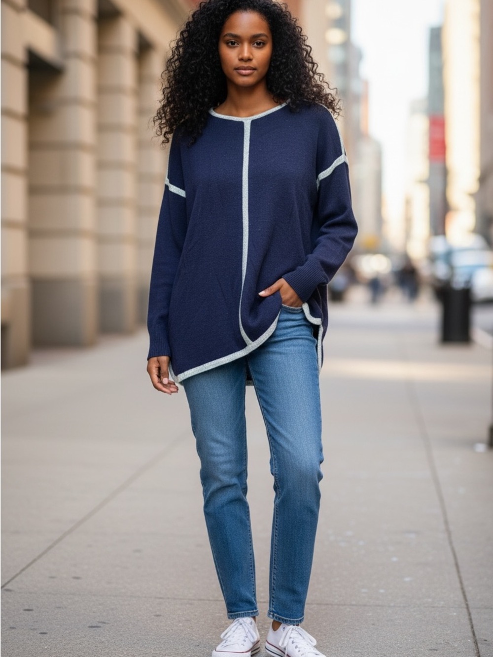 J.Crew Navy Knit Sweater with Light Gray Trim XS